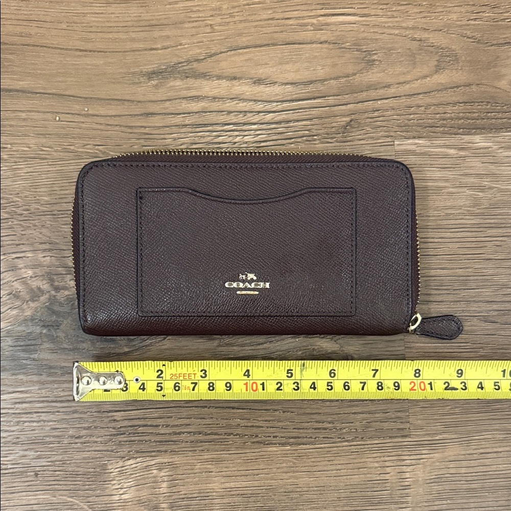 Coach Dark Brown Zip Wallet with Gold Tone Logo
